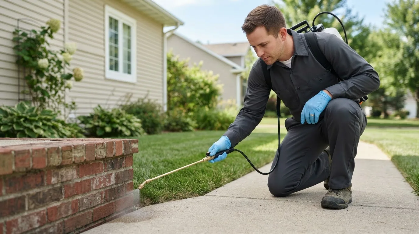 Pest control technician treating a home near Woodcliff Lake, NJ