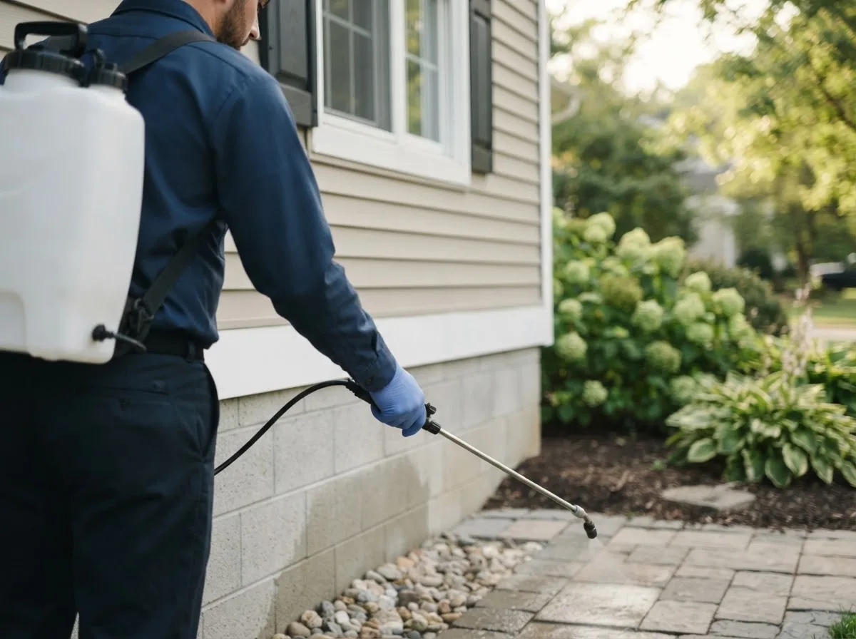 Pest control technician inspecting a home in Woodcliff Lake, NJ